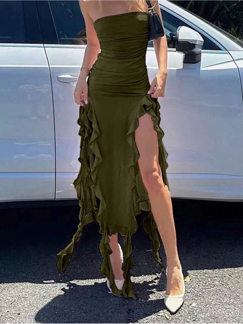 SHEIN Olive Green Strapless Ruffle High-Slit Handkerchief Hem Dress